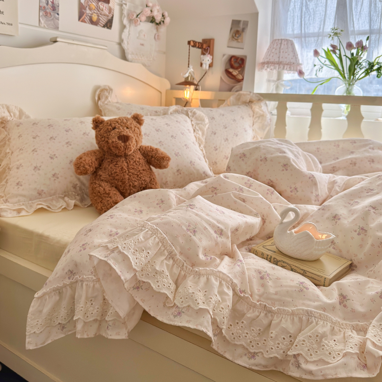 91家纺网 家纺一手货源 找家纺 锦彩家居 2026新款A类全棉纯棉法式花边款小碎花双层纱四件套-蔷薇公主（提供买家秀） 心藏月光