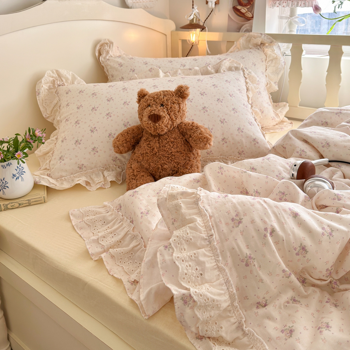 91家纺网 家纺一手货源 找家纺 锦彩家居 2026新款A类全棉纯棉法式花边款小碎花双层纱四件套-蔷薇公主（提供买家秀） 心藏月光