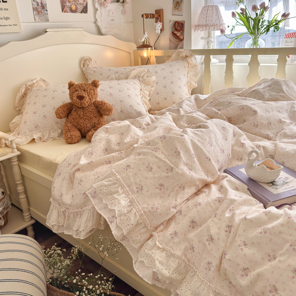 91家纺网 家纺一手货源 找家纺 锦彩家居 2026新款A类全棉纯棉法式花边款小碎花双层纱四件套-蔷薇公主（提供买家秀） 心藏月光