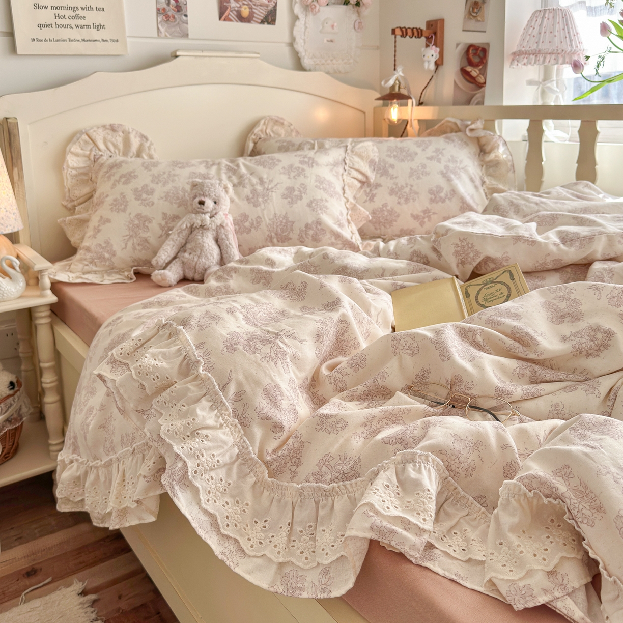 91家纺网 家纺一手货源 找家纺 锦彩家居 2026新款A类全棉纯棉法式花边款小碎花双层纱四件套-蔷薇公主（提供买家秀） 微醺漫漫