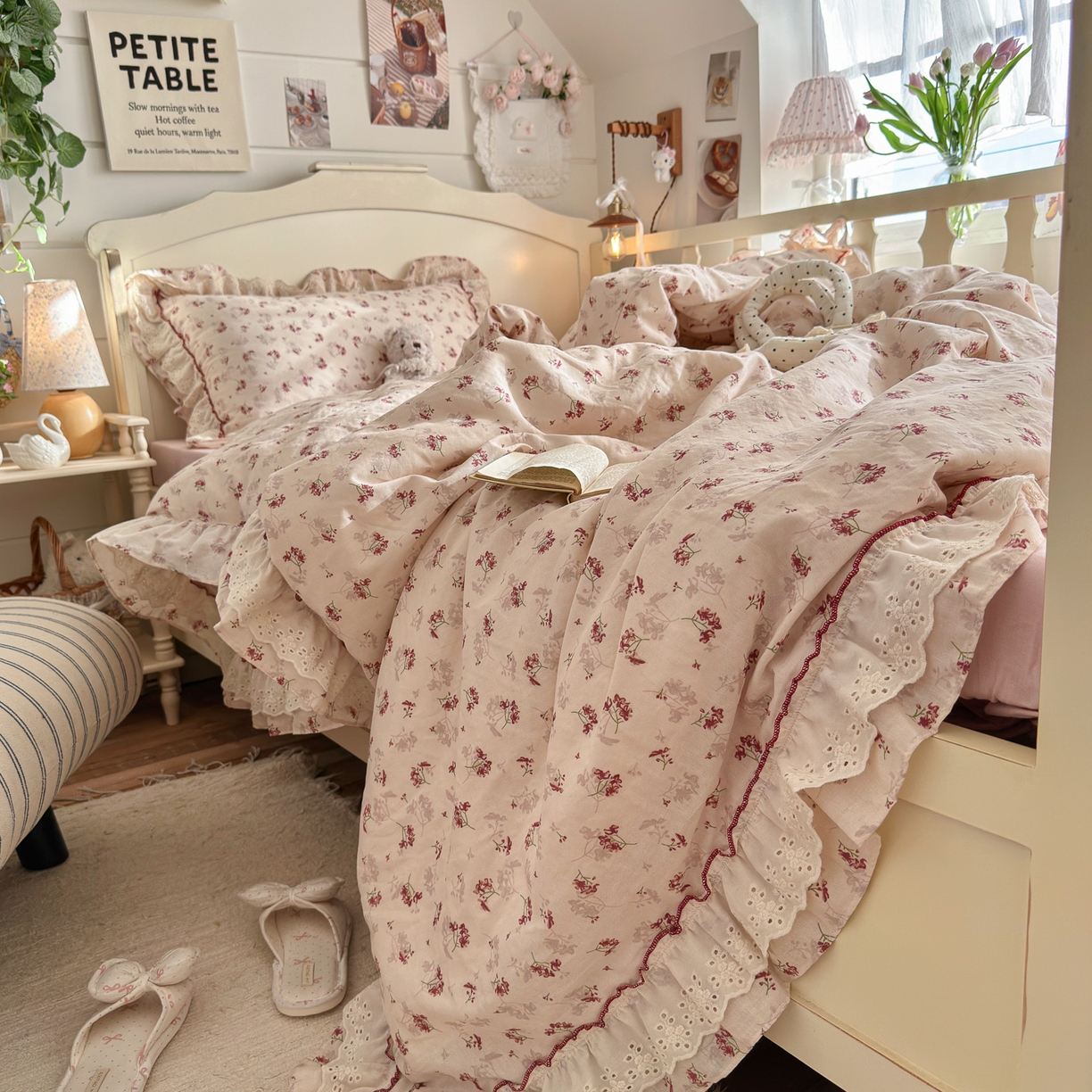 91家纺网 家纺一手货源 找家纺 锦彩家居 2026新款A类全棉纯棉法式花边款小碎花双层纱四件套-蔷薇公主（提供买家秀） 花枝海棠
