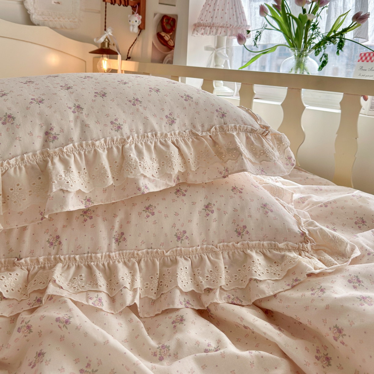 91家纺网 家纺一手货源 找家纺 锦彩家居 2026新款A类全棉纯棉法式花边款小碎花双层纱四件套-蔷薇公主（提供买家秀） 心藏月光