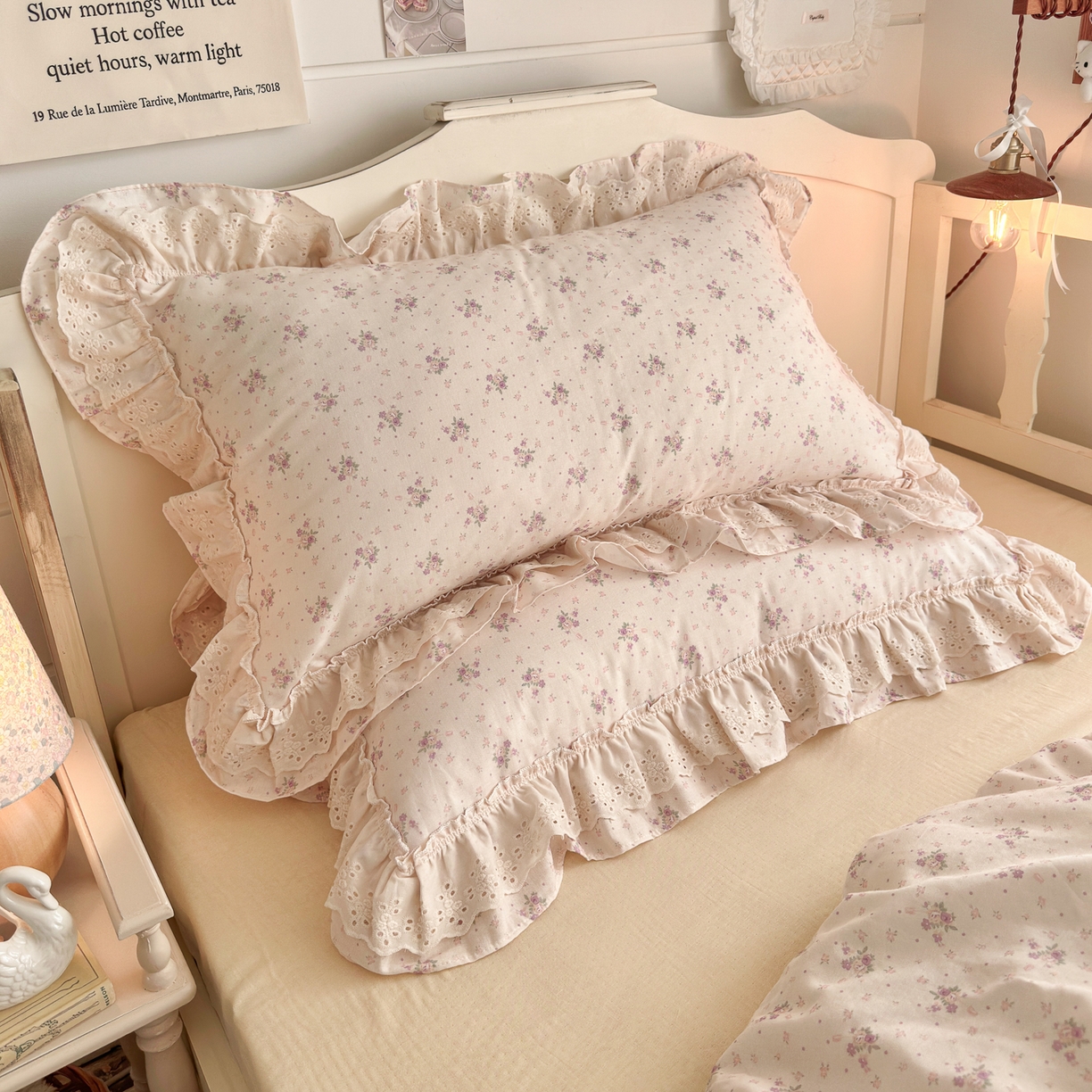 91家纺网 家纺一手货源 找家纺 锦彩家居 2026新款A类全棉纯棉法式花边款小碎花双层纱四件套-蔷薇公主（提供买家秀） 心藏月光