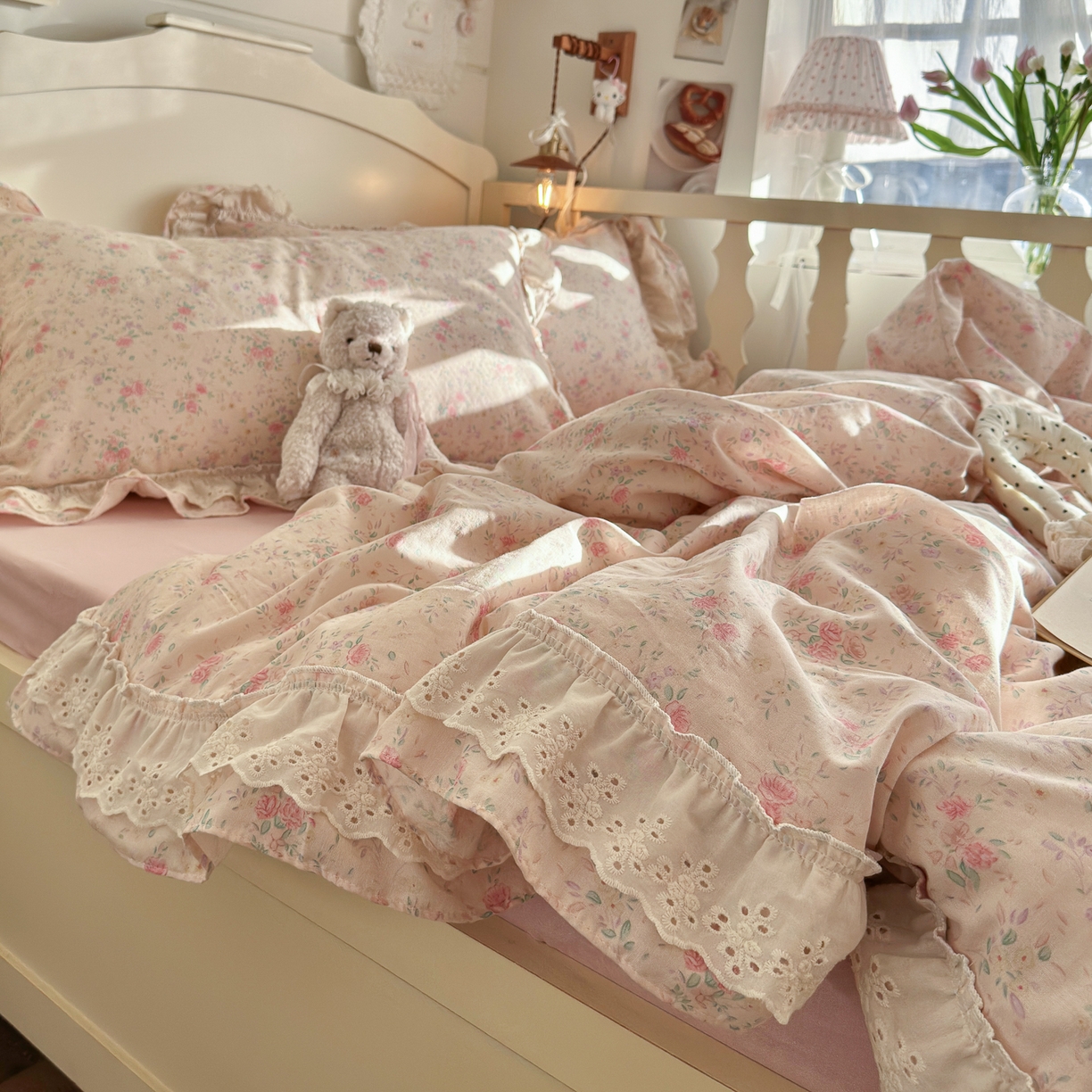 91家纺网 家纺一手货源 找家纺 锦彩家居 2026新款A类全棉纯棉法式花边款小碎花双层纱四件套-蔷薇公主（提供买家秀） 落花浮梦