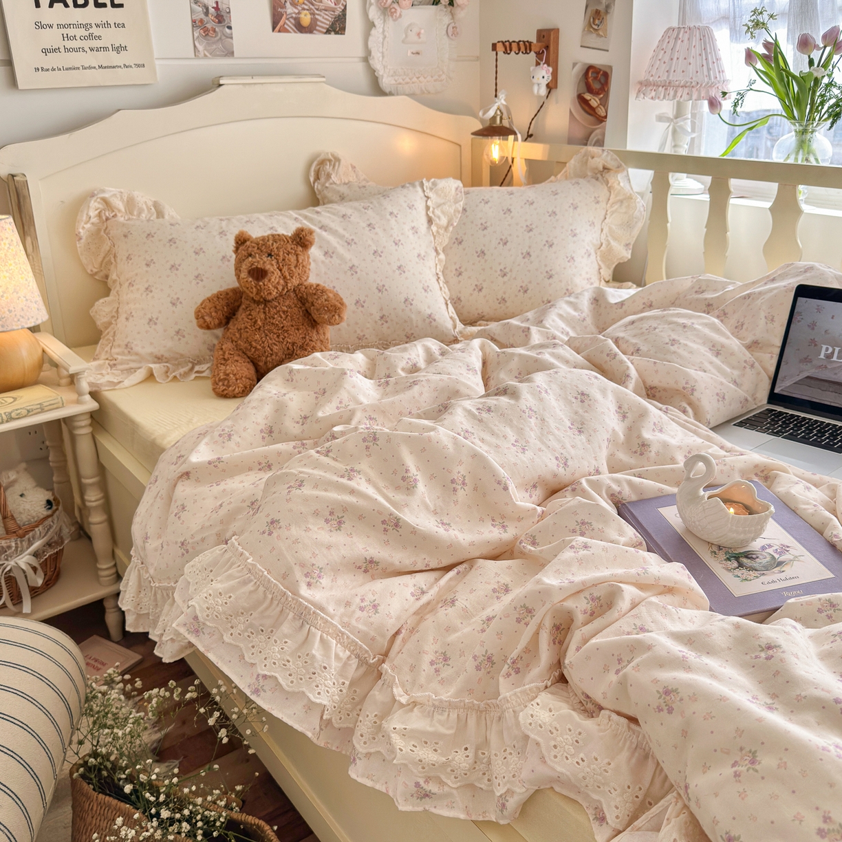 91家纺网 家纺一手货源 找家纺 锦彩家居 2026新款A类全棉纯棉法式花边款小碎花双层纱四件套-蔷薇公主（提供买家秀） 心藏月光