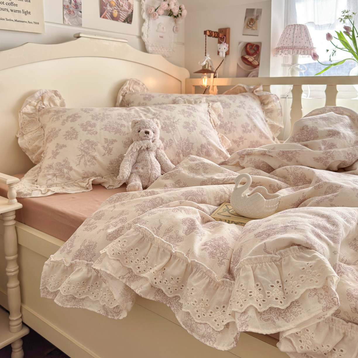 91家纺网 家纺一手货源 找家纺 锦彩家居 2026新款A类全棉纯棉法式花边款小碎花双层纱四件套-蔷薇公主（提供买家秀） 微醺漫漫