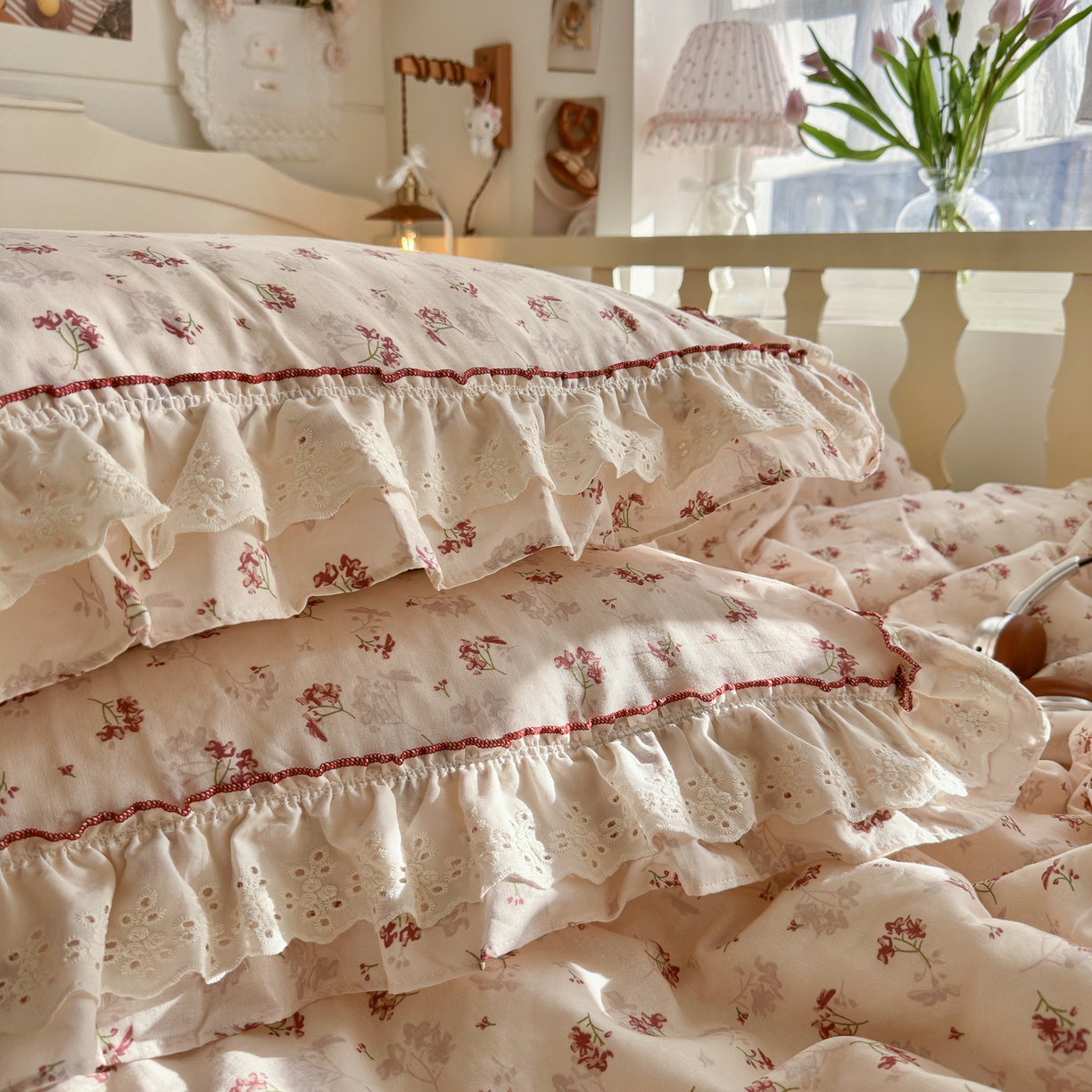 91家纺网 家纺一手货源 找家纺 锦彩家居 2026新款A类全棉纯棉法式花边款小碎花双层纱四件套-蔷薇公主（提供买家秀） 花枝海棠