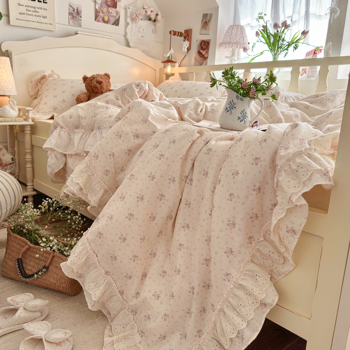 91家纺网 家纺一手货源 找家纺 锦彩家居 2026新款A类全棉纯棉法式花边款小碎花双层纱四件套-蔷薇公主（提供买家秀） 心藏月光
