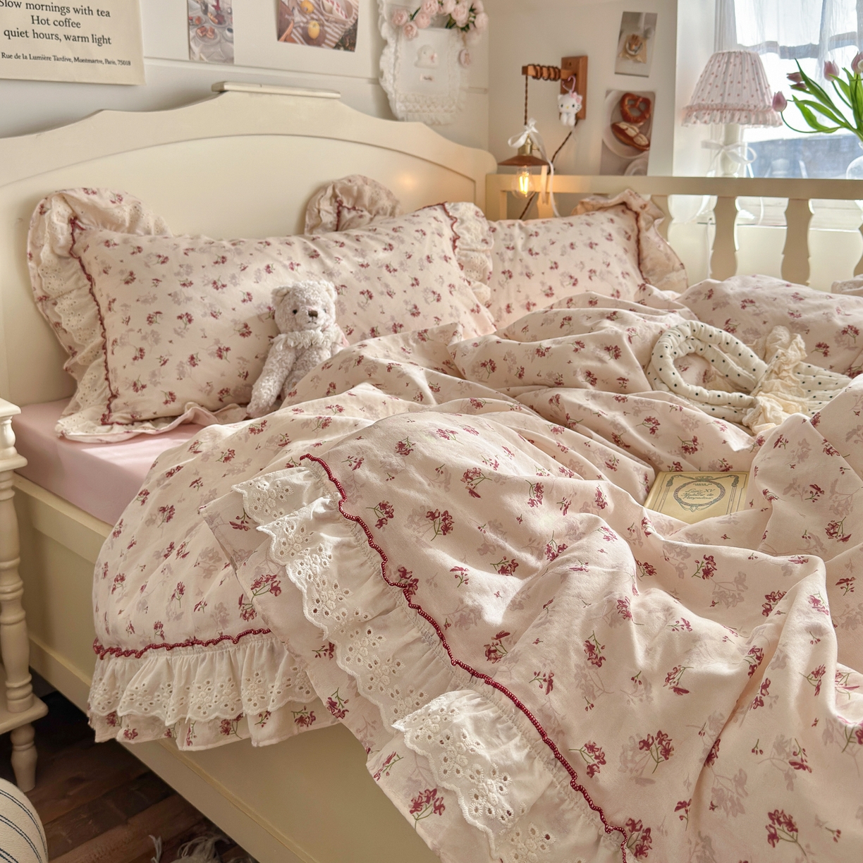 91家纺网 家纺一手货源 找家纺 锦彩家居 2026新款A类全棉纯棉法式花边款小碎花双层纱四件套-蔷薇公主（提供买家秀） 花枝海棠