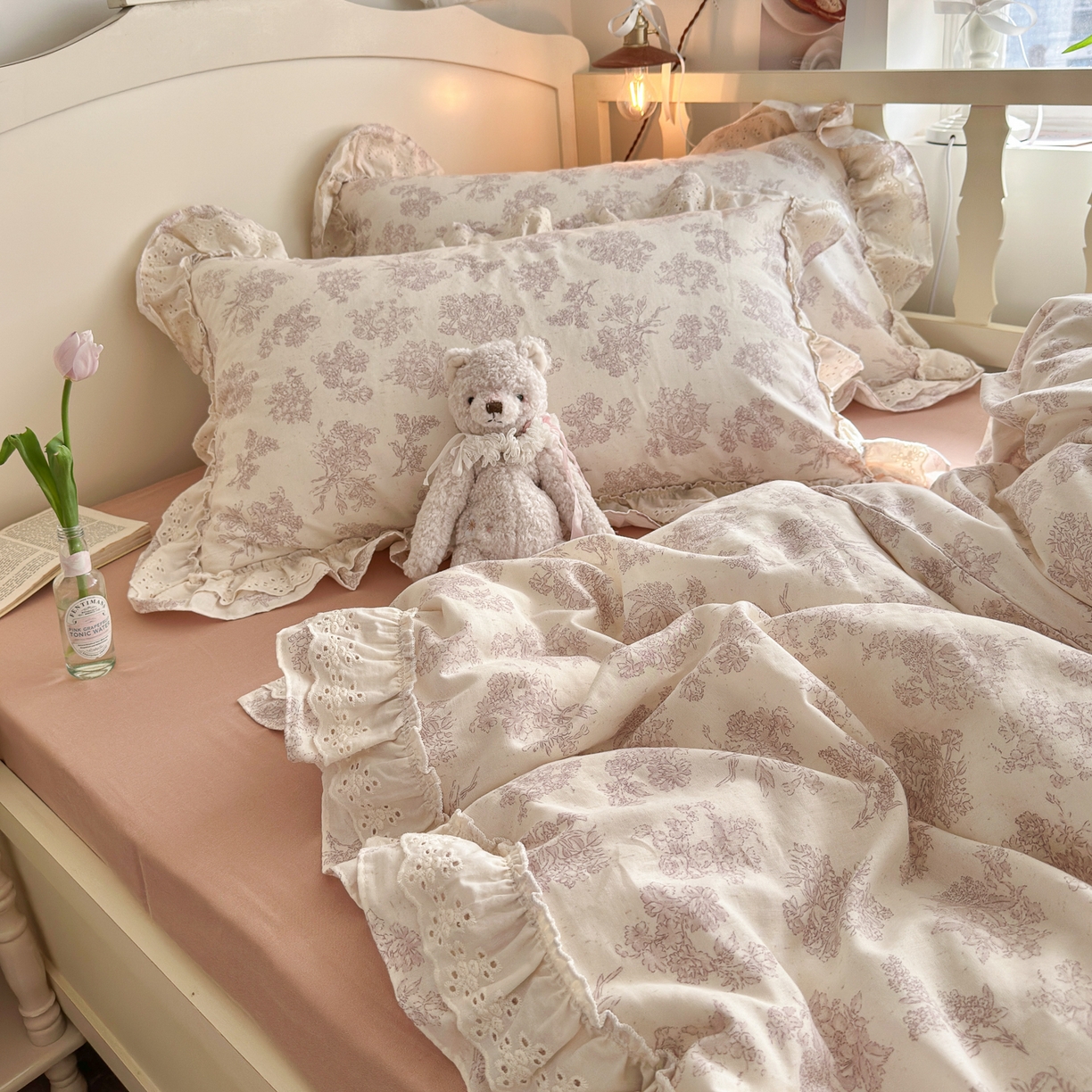 91家纺网 家纺一手货源 找家纺 锦彩家居 2026新款A类全棉纯棉法式花边款小碎花双层纱四件套-蔷薇公主（提供买家秀） 微醺漫漫