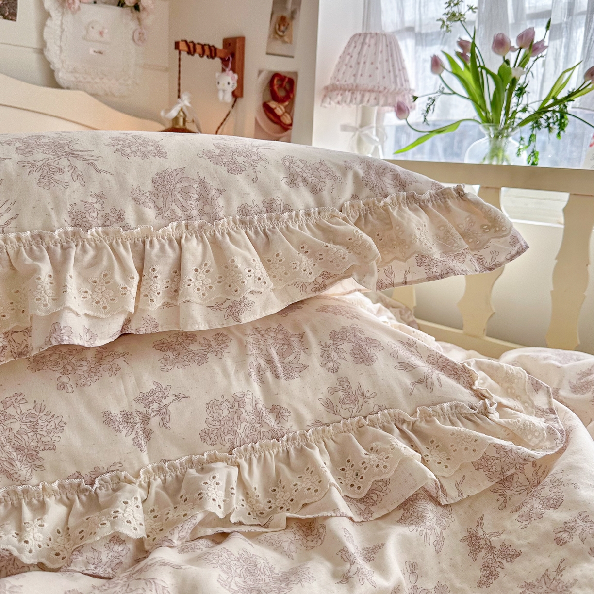 91家纺网 家纺一手货源 找家纺 锦彩家居 2026新款A类全棉纯棉法式花边款小碎花双层纱四件套-蔷薇公主（提供买家秀） 微醺漫漫