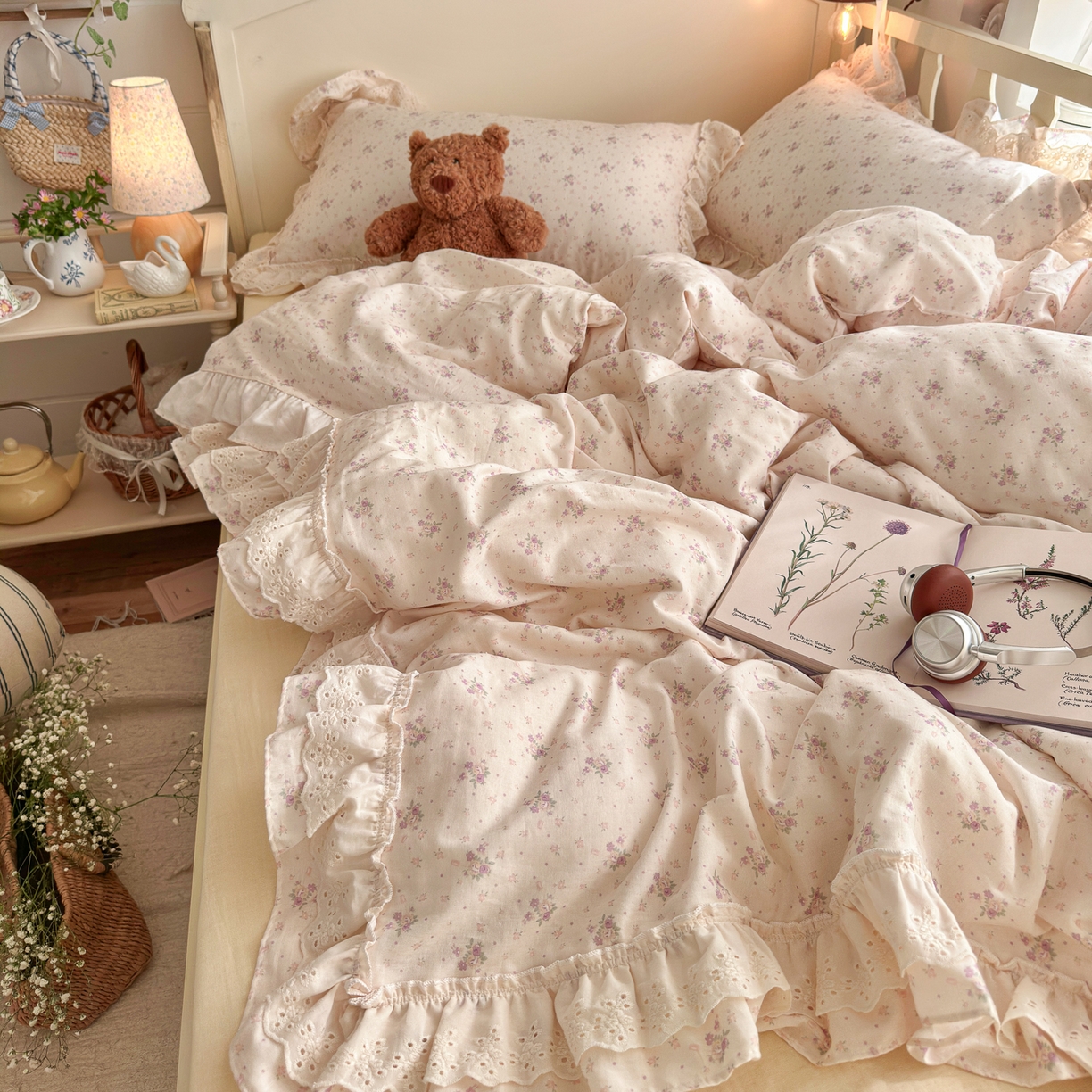 91家纺网 家纺一手货源 找家纺 锦彩家居 2026新款A类全棉纯棉法式花边款小碎花双层纱四件套-蔷薇公主（提供买家秀） 心藏月光