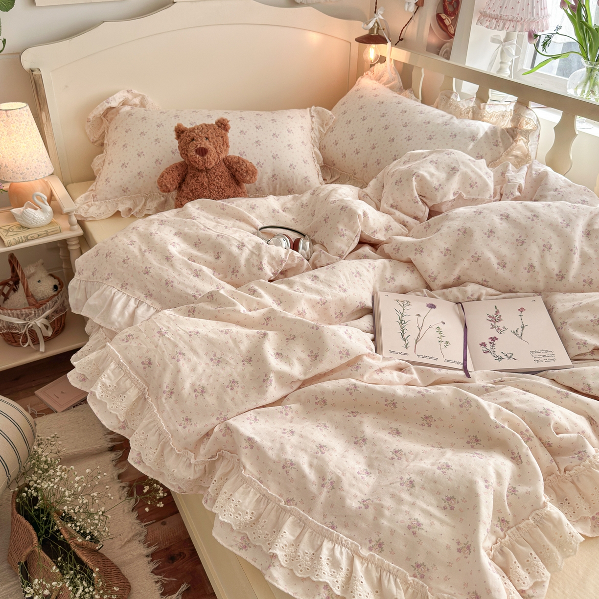 91家纺网 家纺一手货源 找家纺 锦彩家居 2026新款A类全棉纯棉法式花边款小碎花双层纱四件套-蔷薇公主（提供买家秀） 心藏月光