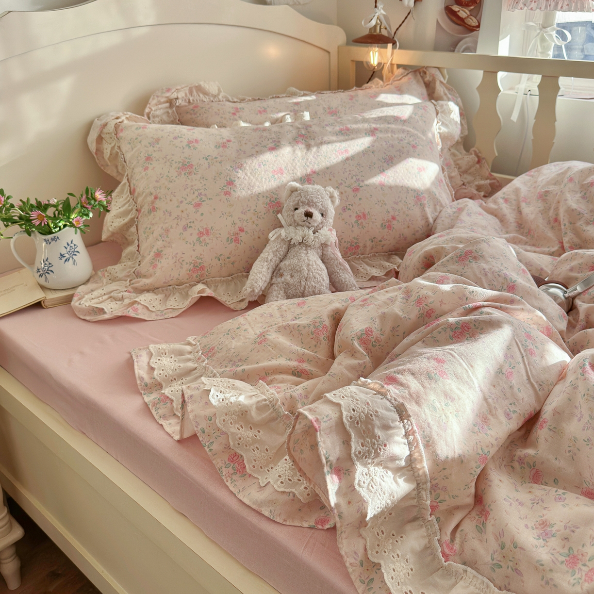 91家纺网 家纺一手货源 找家纺 锦彩家居 2026新款A类全棉纯棉法式花边款小碎花双层纱四件套-蔷薇公主（提供买家秀） 落花浮梦