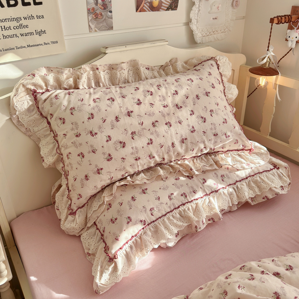 91家纺网 家纺一手货源 找家纺 锦彩家居 2026新款A类全棉纯棉法式花边款小碎花双层纱四件套-蔷薇公主（提供买家秀） 花枝海棠