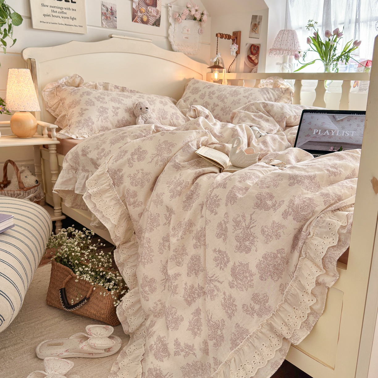 91家纺网 家纺一手货源 找家纺 锦彩家居 2026新款A类全棉纯棉法式花边款小碎花双层纱四件套-蔷薇公主（提供买家秀） 微醺漫漫