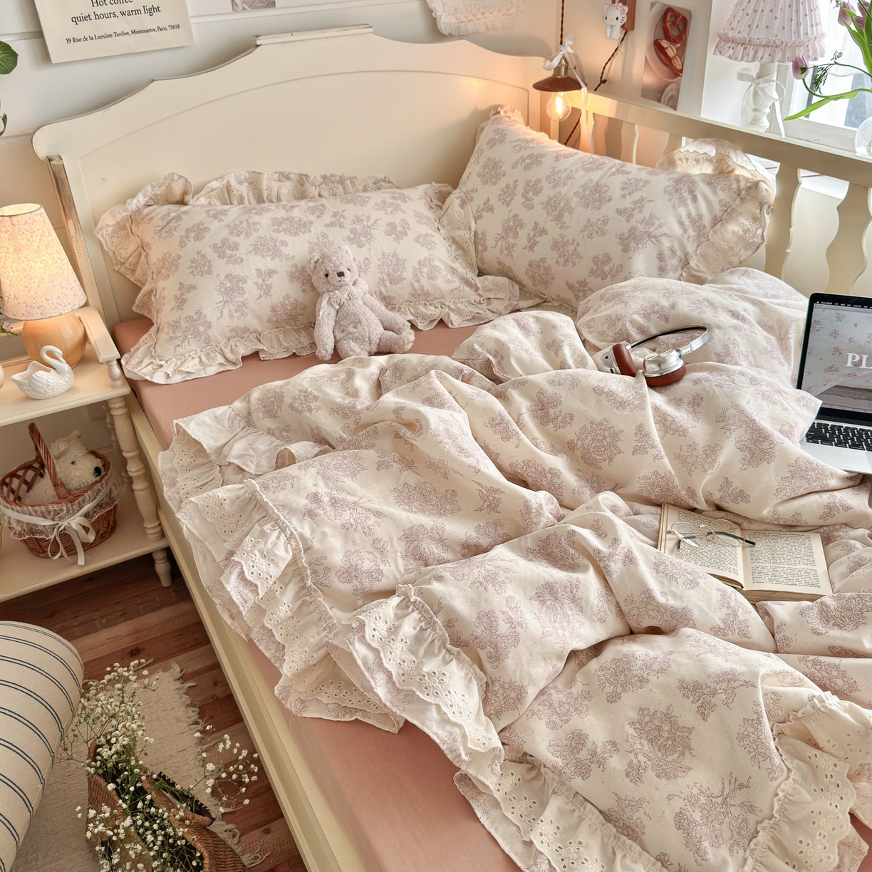 91家纺网 家纺一手货源 找家纺 锦彩家居 2026新款A类全棉纯棉法式花边款小碎花双层纱四件套-蔷薇公主（提供买家秀） 微醺漫漫