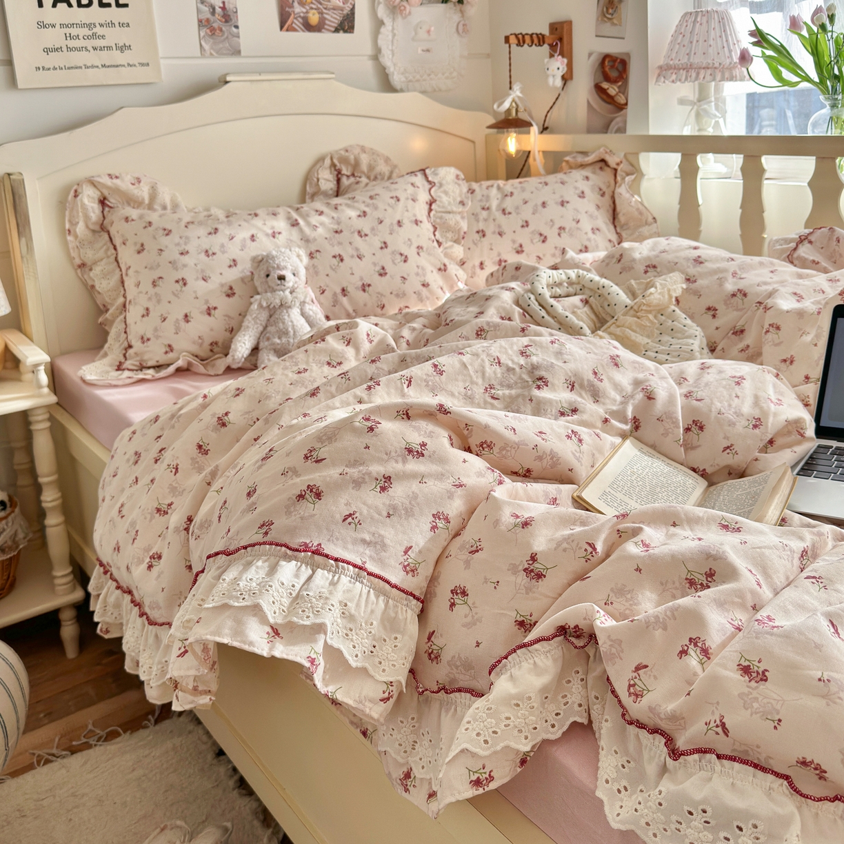 91家纺网 家纺一手货源 找家纺 锦彩家居 2026新款A类全棉纯棉法式花边款小碎花双层纱四件套-蔷薇公主（提供买家秀） 花枝海棠