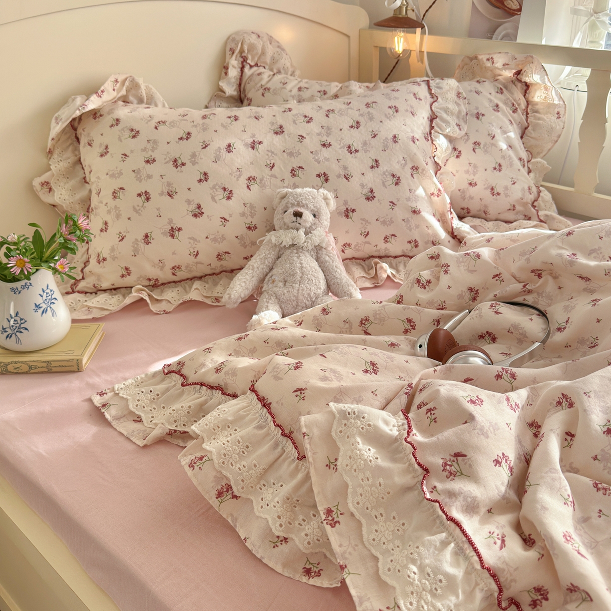 91家纺网 家纺一手货源 找家纺 锦彩家居 2026新款A类全棉纯棉法式花边款小碎花双层纱四件套-蔷薇公主（提供买家秀） 花枝海棠