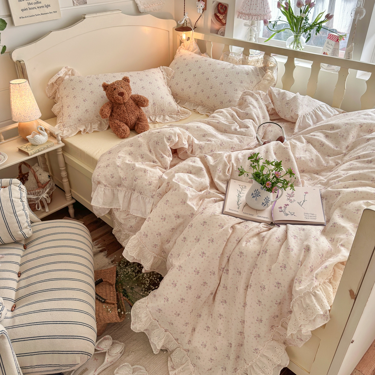91家纺网 家纺一手货源 找家纺 锦彩家居 2026新款A类全棉纯棉法式花边款小碎花双层纱四件套-蔷薇公主（提供买家秀） 心藏月光
