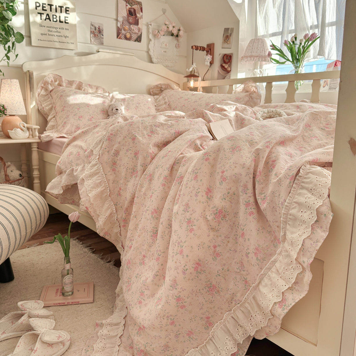 91家纺网 家纺一手货源 找家纺 锦彩家居 2026新款A类全棉纯棉法式花边款小碎花双层纱四件套-蔷薇公主（提供买家秀） 落花浮梦