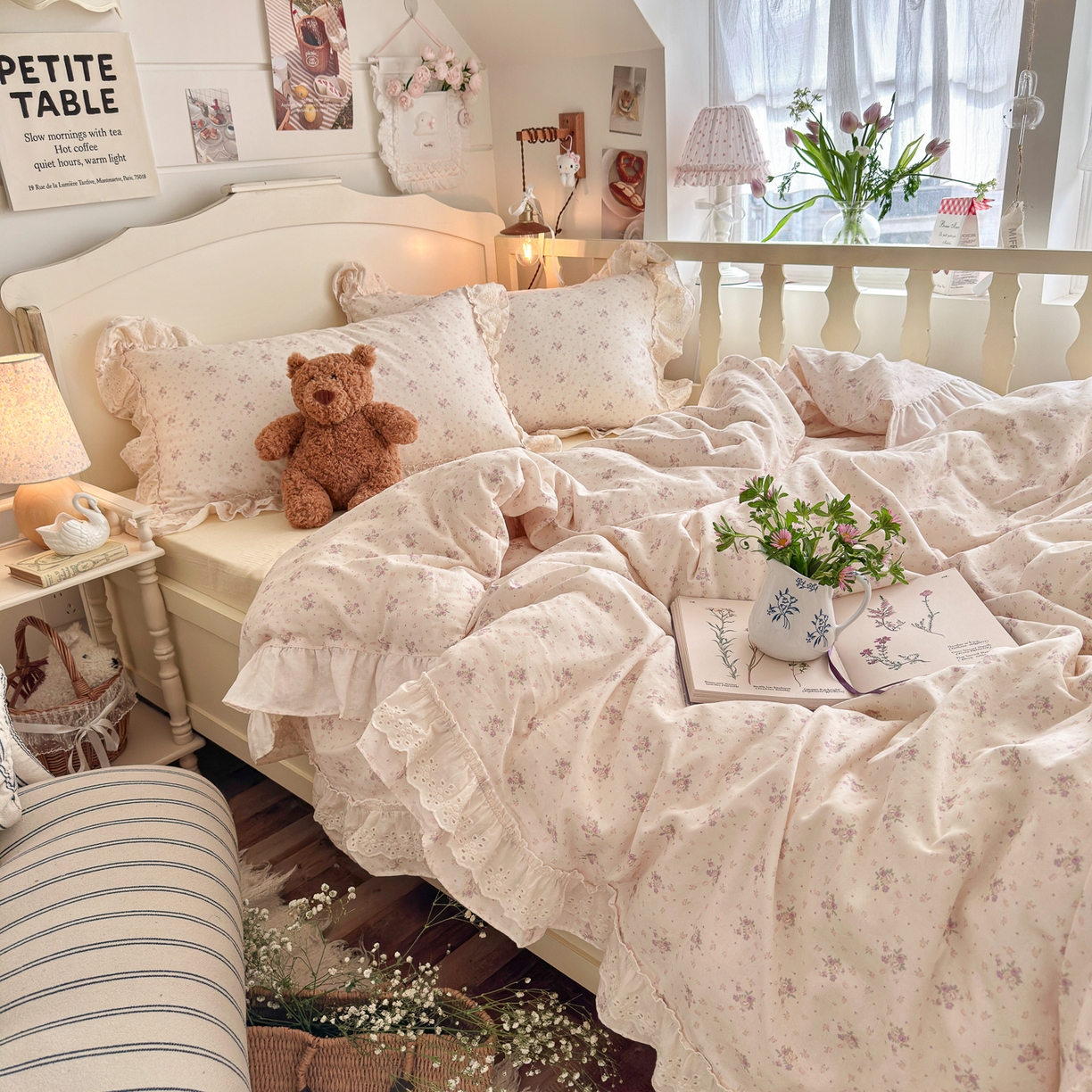 91家纺网 家纺一手货源 找家纺 锦彩家居 2026新款A类全棉纯棉法式花边款小碎花双层纱四件套-蔷薇公主（提供买家秀） 心藏月光