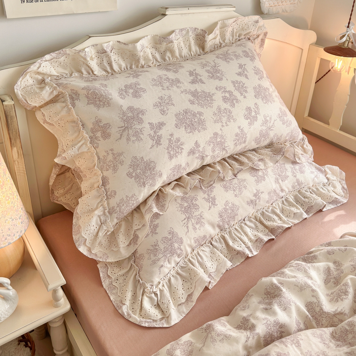 91家纺网 家纺一手货源 找家纺 锦彩家居 2026新款A类全棉纯棉法式花边款小碎花双层纱四件套-蔷薇公主（提供买家秀） 微醺漫漫
