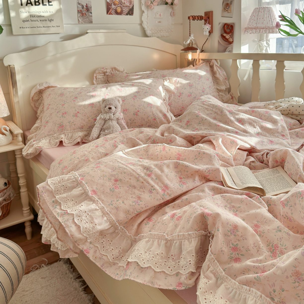 91家纺网 家纺一手货源 找家纺 锦彩家居 2026新款A类全棉纯棉法式花边款小碎花双层纱四件套-蔷薇公主（提供买家秀） 落花浮梦