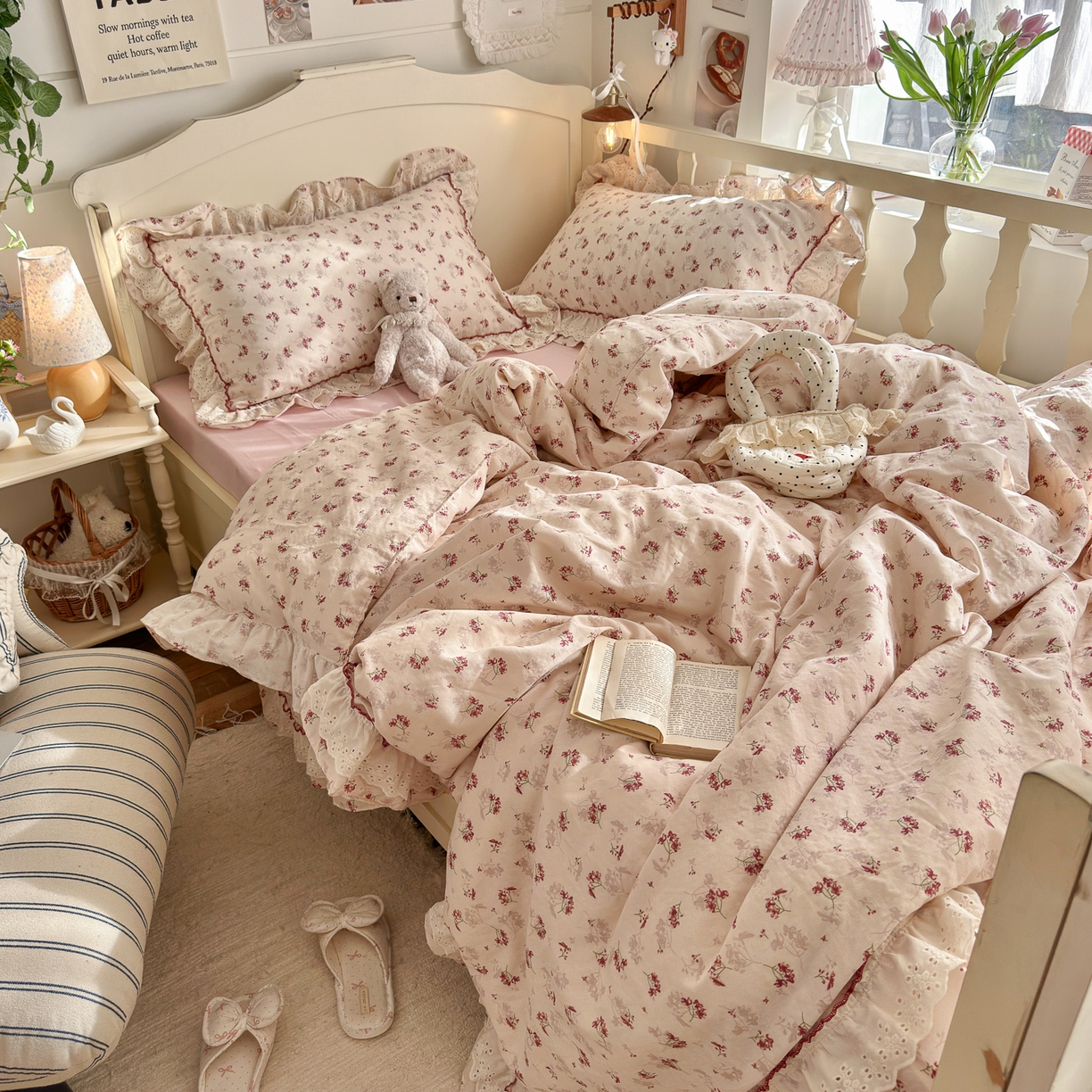 91家纺网 家纺一手货源 找家纺 锦彩家居 2026新款A类全棉纯棉法式花边款小碎花双层纱四件套-蔷薇公主（提供买家秀） 花枝海棠
