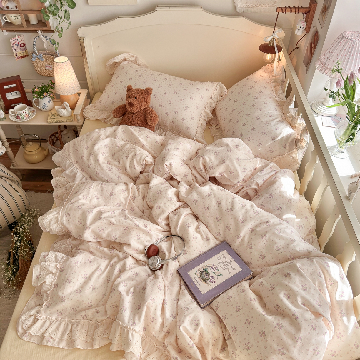 91家纺网 家纺一手货源 找家纺 锦彩家居 2026新款A类全棉纯棉法式花边款小碎花双层纱四件套-蔷薇公主（提供买家秀） 心藏月光