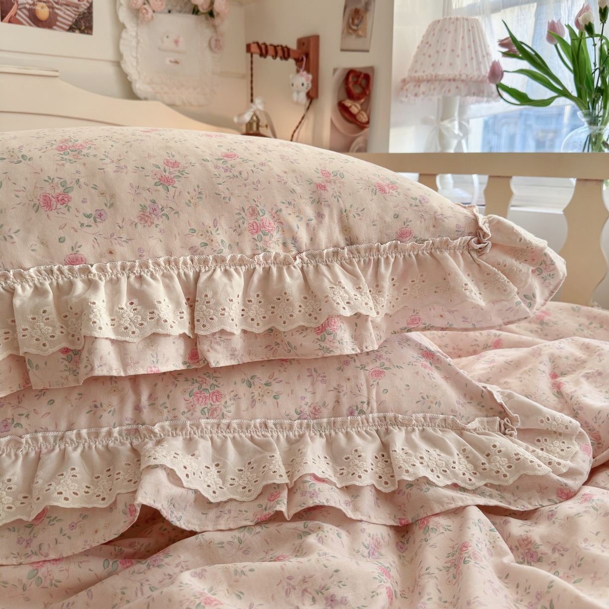 91家纺网 家纺一手货源 找家纺 锦彩家居 2026新款A类全棉纯棉法式花边款小碎花双层纱四件套-蔷薇公主（提供买家秀） 落花浮梦