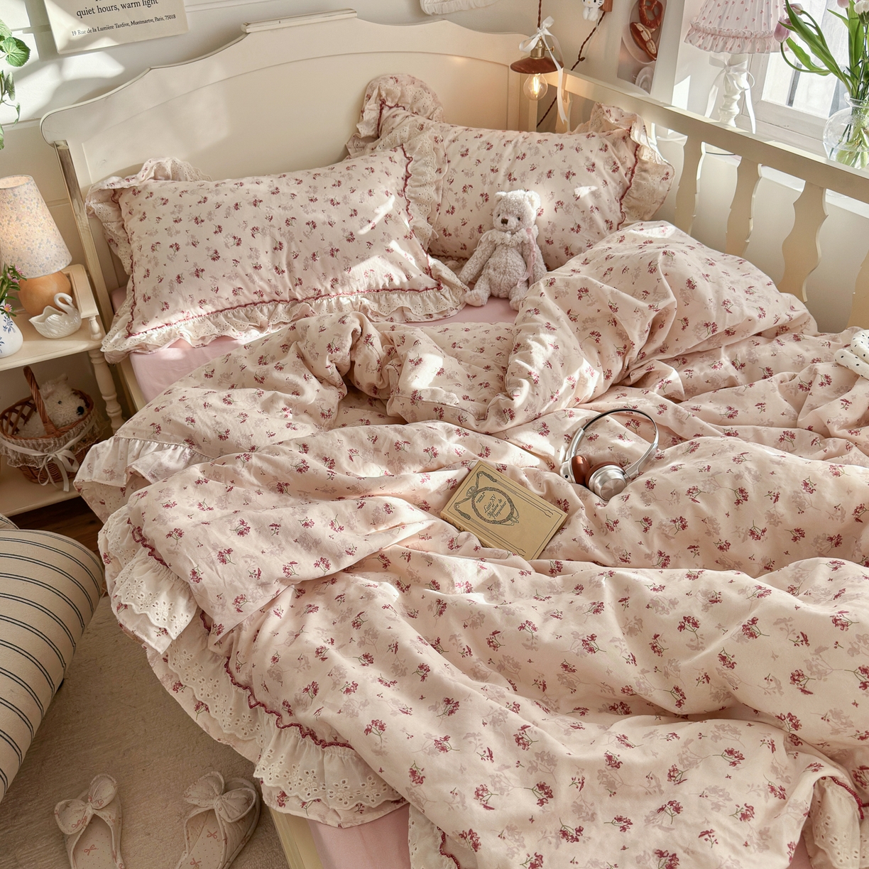 91家纺网 家纺一手货源 找家纺 锦彩家居 2026新款A类全棉纯棉法式花边款小碎花双层纱四件套-蔷薇公主（提供买家秀） 花枝海棠