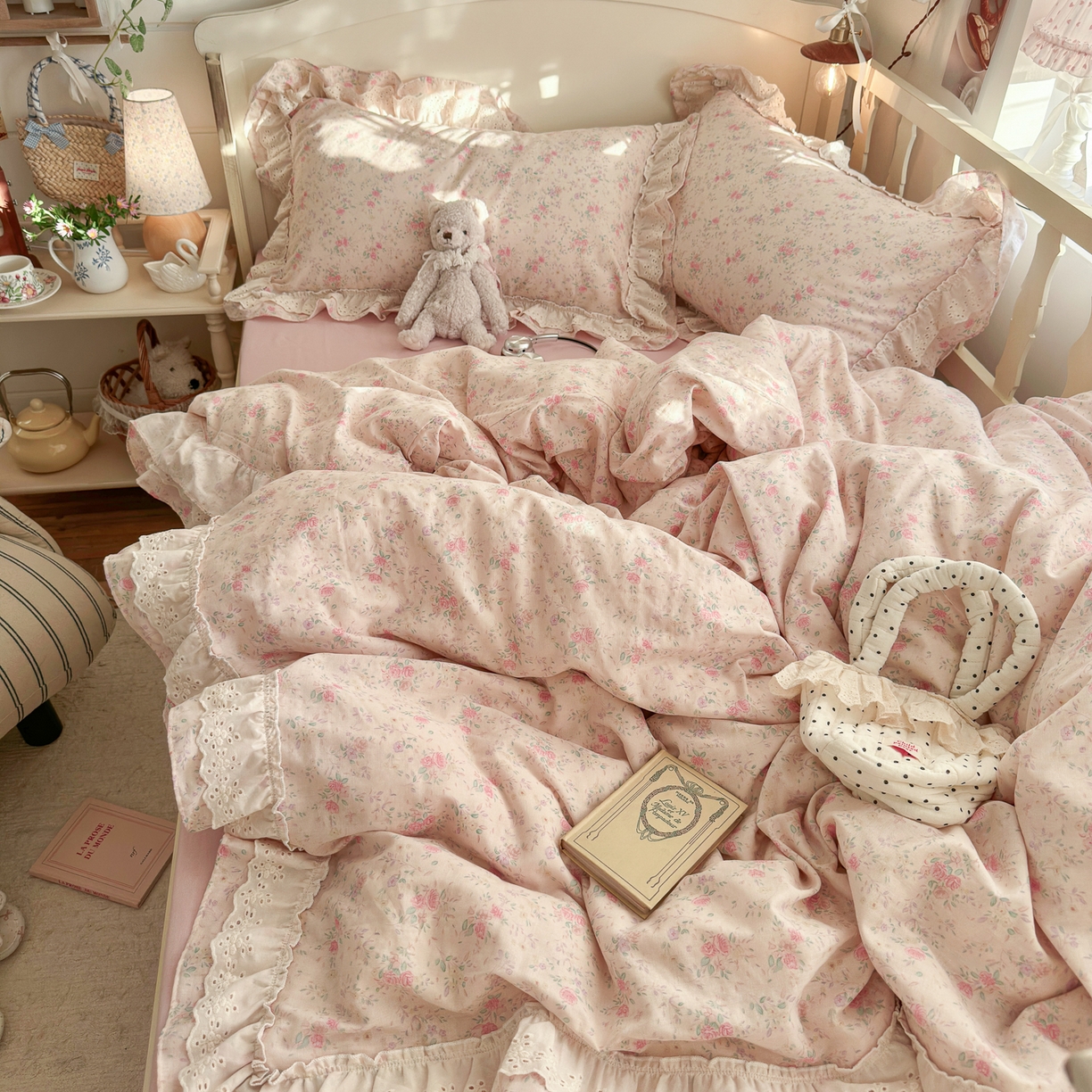 91家纺网 家纺一手货源 找家纺 锦彩家居 2026新款A类全棉纯棉法式花边款小碎花双层纱四件套-蔷薇公主（提供买家秀） 落花浮梦