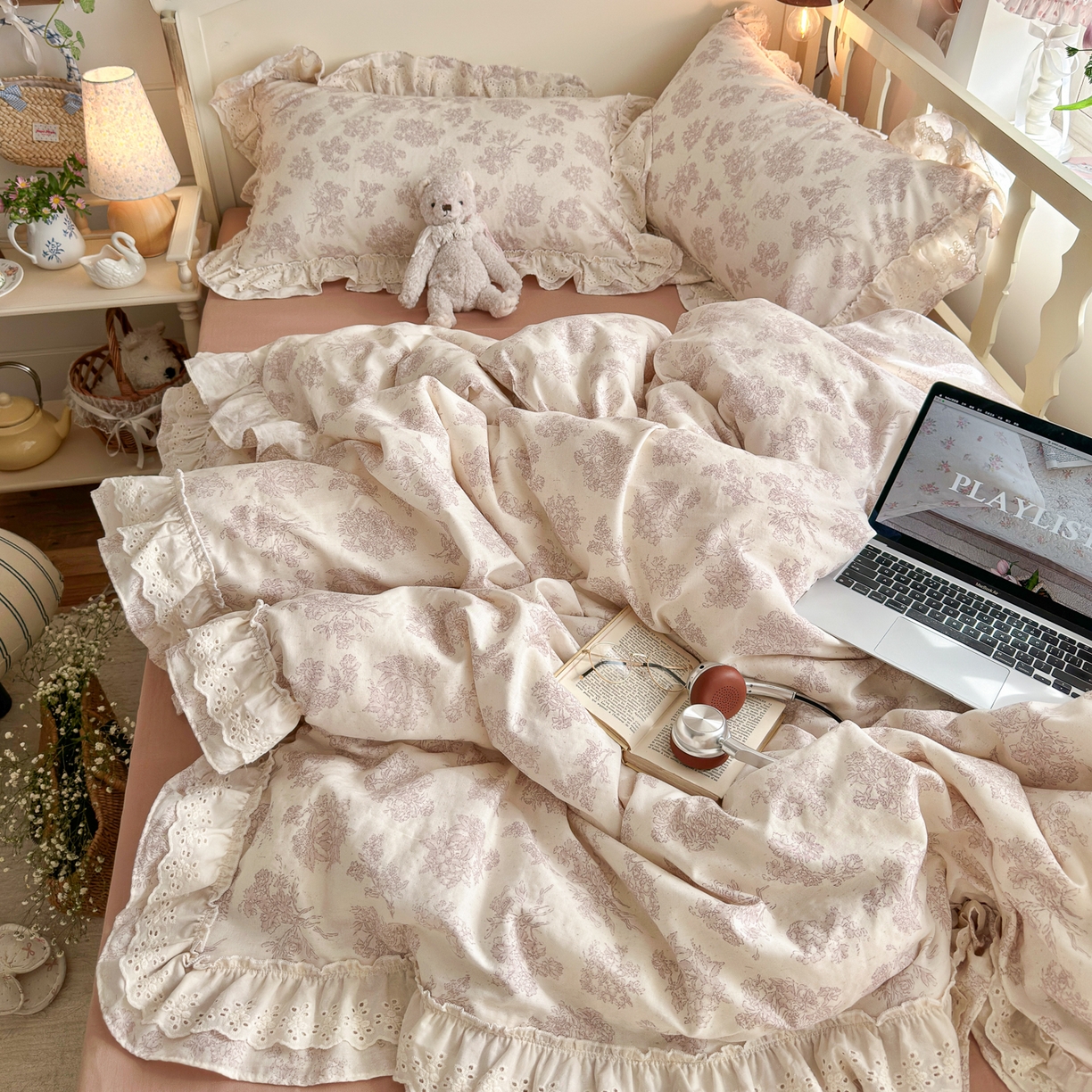 91家纺网 家纺一手货源 找家纺 锦彩家居 2026新款A类全棉纯棉法式花边款小碎花双层纱四件套-蔷薇公主（提供买家秀） 微醺漫漫