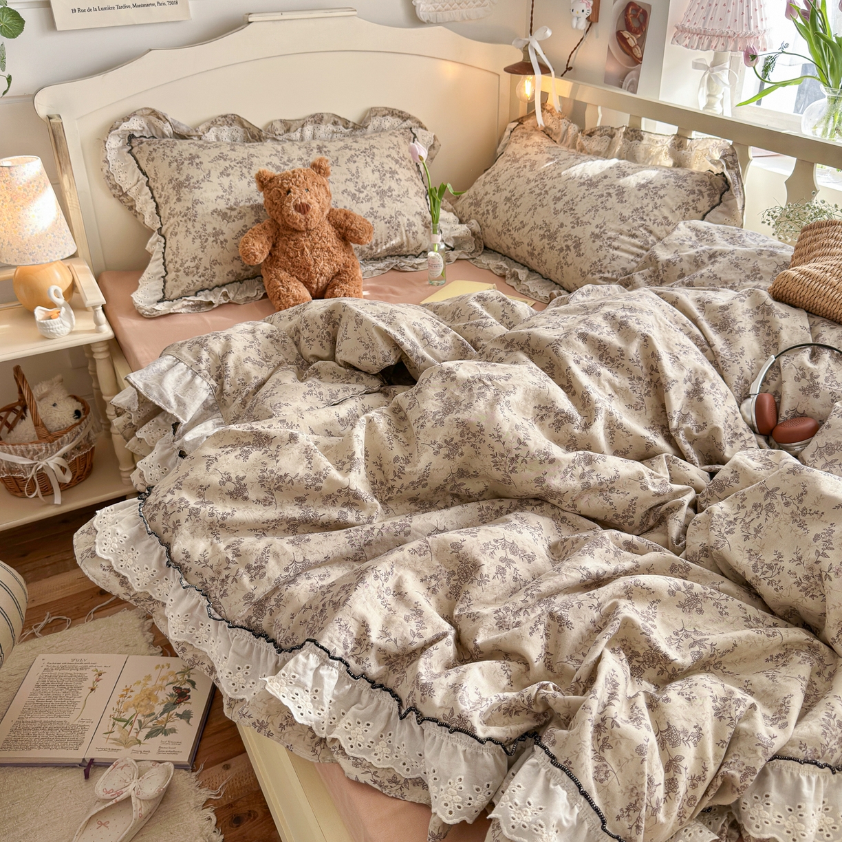 91家纺网 家纺一手货源 找家纺 锦彩家居 2026新款A类全棉纯棉法式花边款小碎花双层纱四件套-蔷薇公主（提供买家秀） 春日寻野