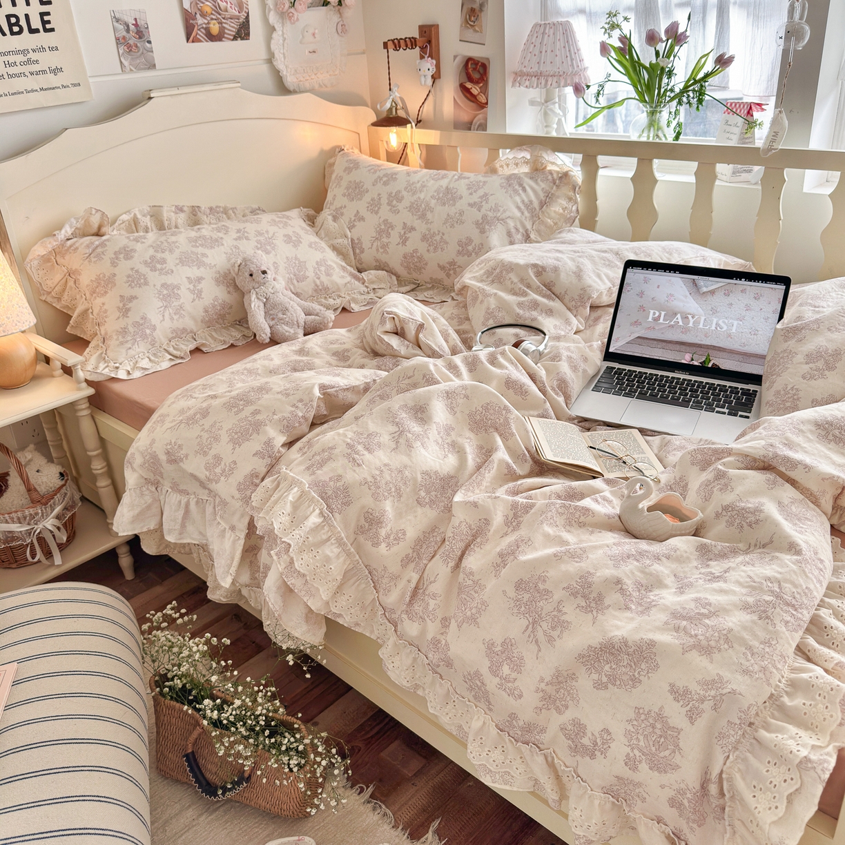 91家纺网 家纺一手货源 找家纺 锦彩家居 2026新款A类全棉纯棉法式花边款小碎花双层纱四件套-蔷薇公主（提供买家秀） 微醺漫漫