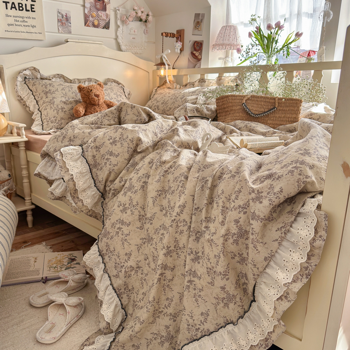 91家纺网 家纺一手货源 找家纺 锦彩家居 2026新款A类全棉纯棉法式花边款小碎花双层纱四件套-蔷薇公主（提供买家秀） 春日寻野