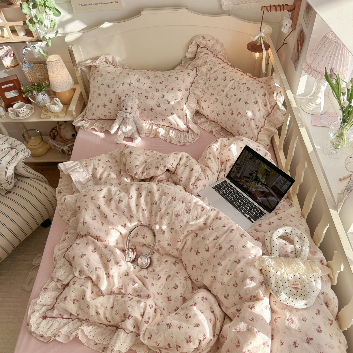 91家纺网 家纺一手货源 找家纺 锦彩家居 2026新款A类全棉纯棉法式花边款小碎花双层纱四件套-蔷薇公主（提供买家秀） 花枝海棠