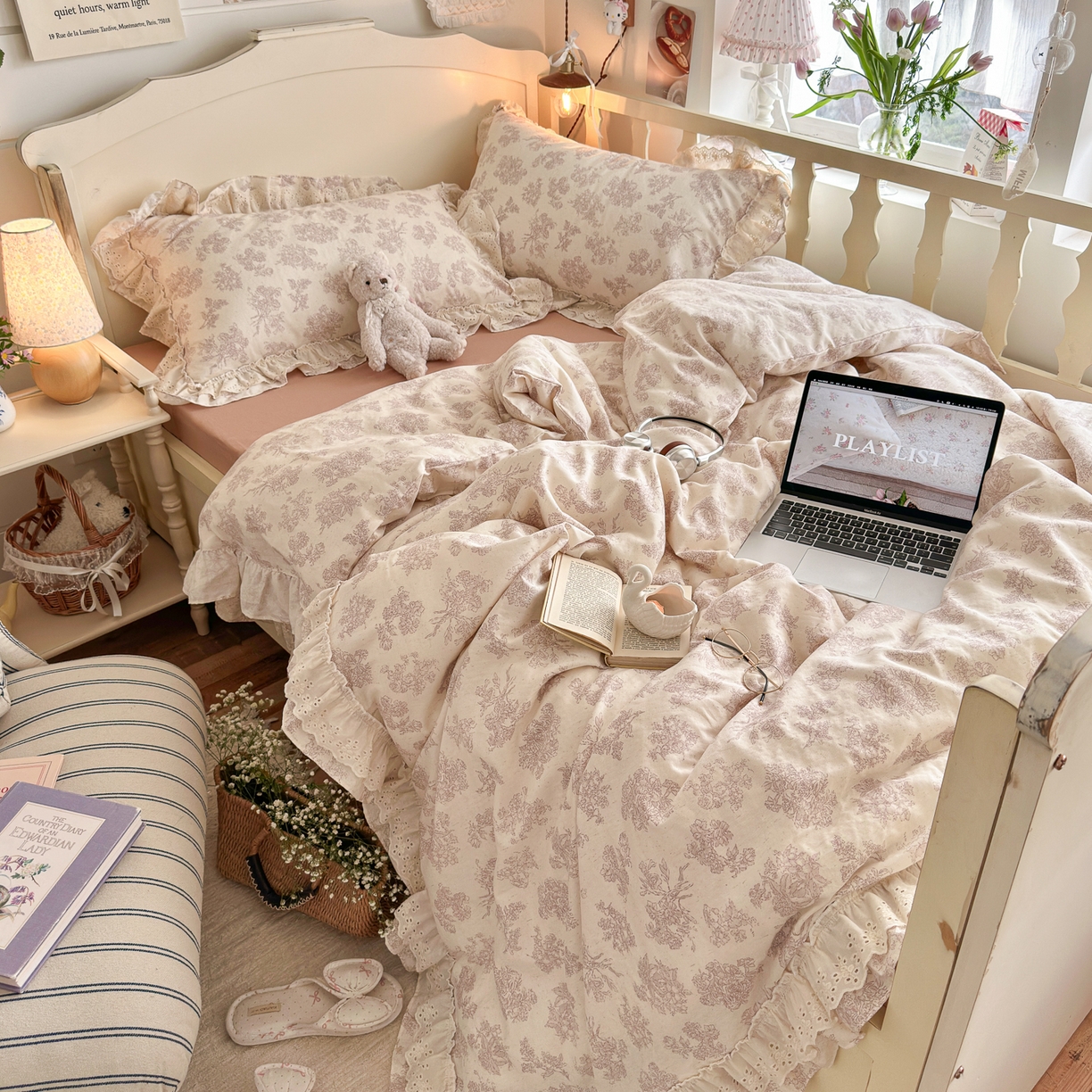 91家纺网 家纺一手货源 找家纺 锦彩家居 2026新款A类全棉纯棉法式花边款小碎花双层纱四件套-蔷薇公主（提供买家秀） 微醺漫漫