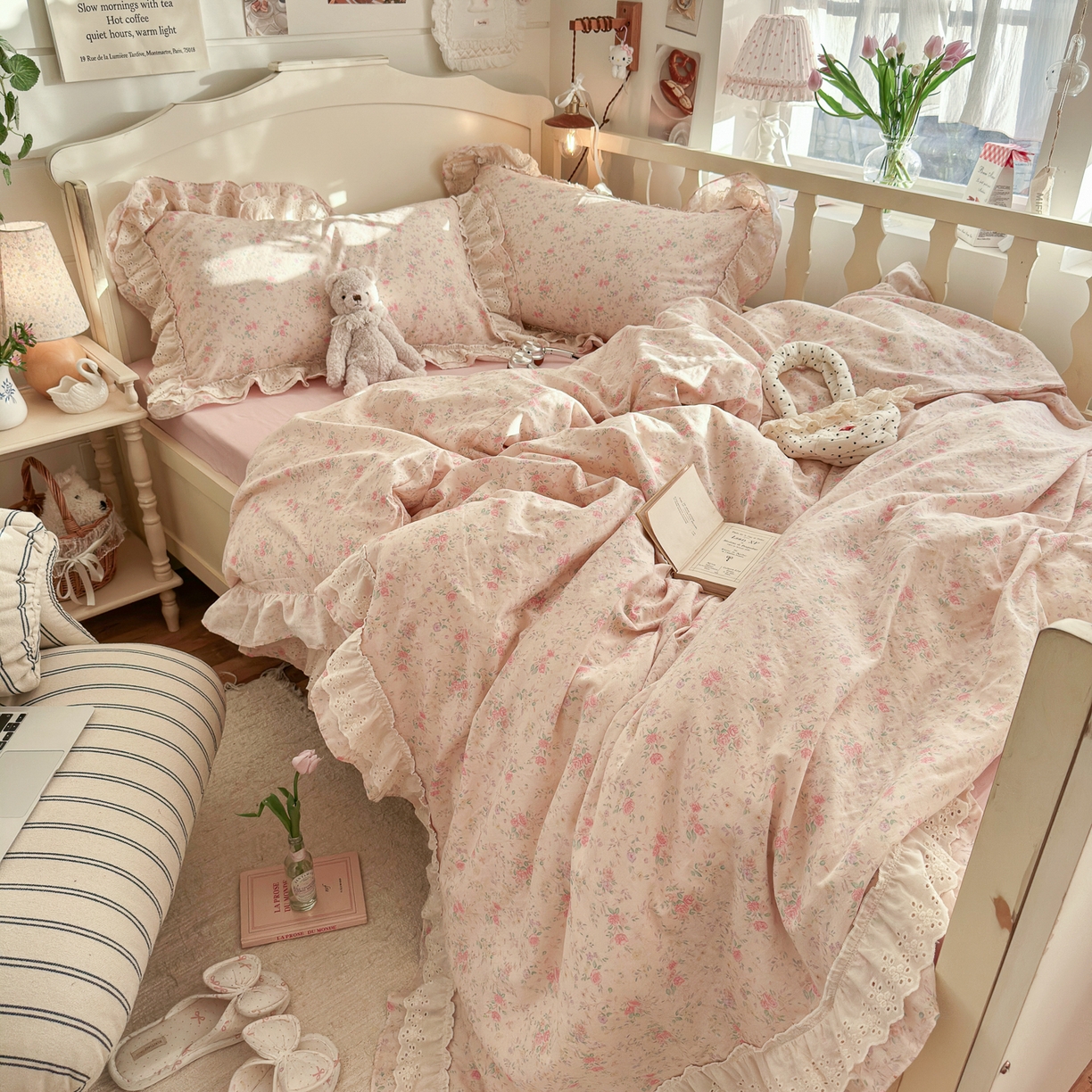 91家纺网 家纺一手货源 找家纺 锦彩家居 2026新款A类全棉纯棉法式花边款小碎花双层纱四件套-蔷薇公主（提供买家秀） 落花浮梦