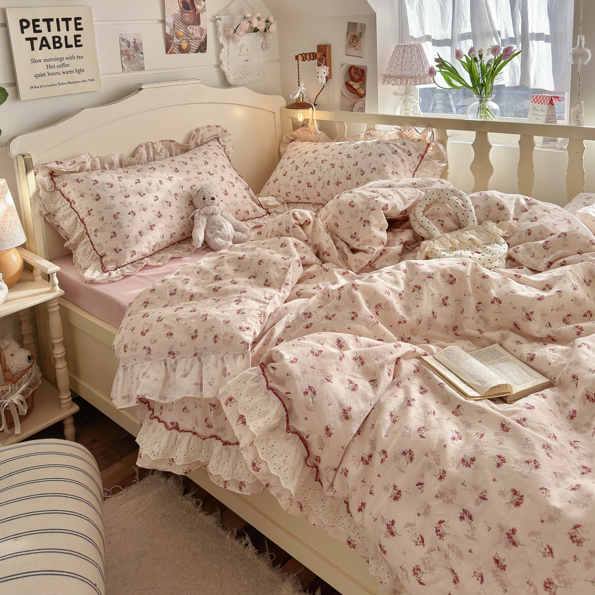 91家纺网 家纺一手货源 找家纺 锦彩家居 2026新款A类全棉纯棉法式花边款小碎花双层纱四件套-蔷薇公主（提供买家秀） 花枝海棠