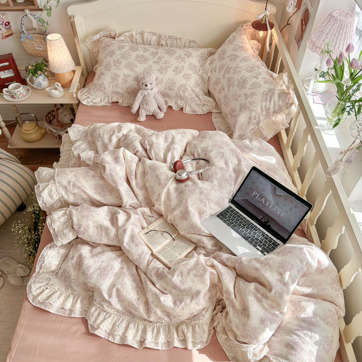 91家纺网 家纺一手货源 找家纺 锦彩家居 2026新款A类全棉纯棉法式花边款小碎花双层纱四件套-蔷薇公主（提供买家秀） 微醺漫漫