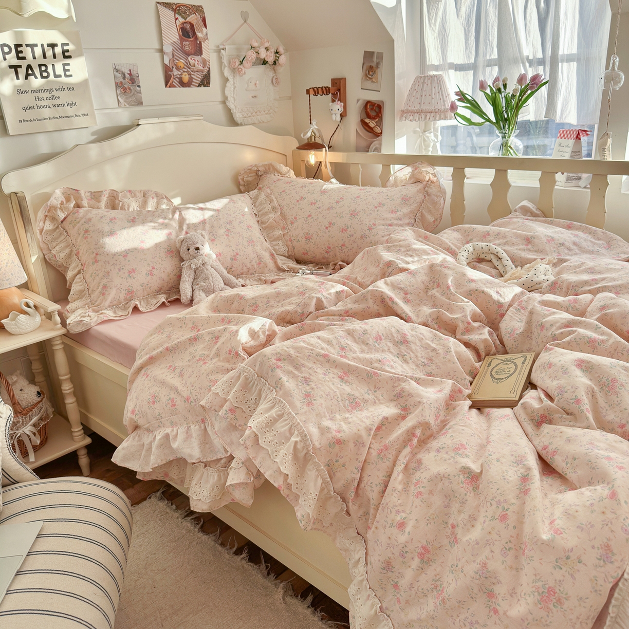 91家纺网 家纺一手货源 找家纺 锦彩家居 2026新款A类全棉纯棉法式花边款小碎花双层纱四件套-蔷薇公主（提供买家秀） 落花浮梦