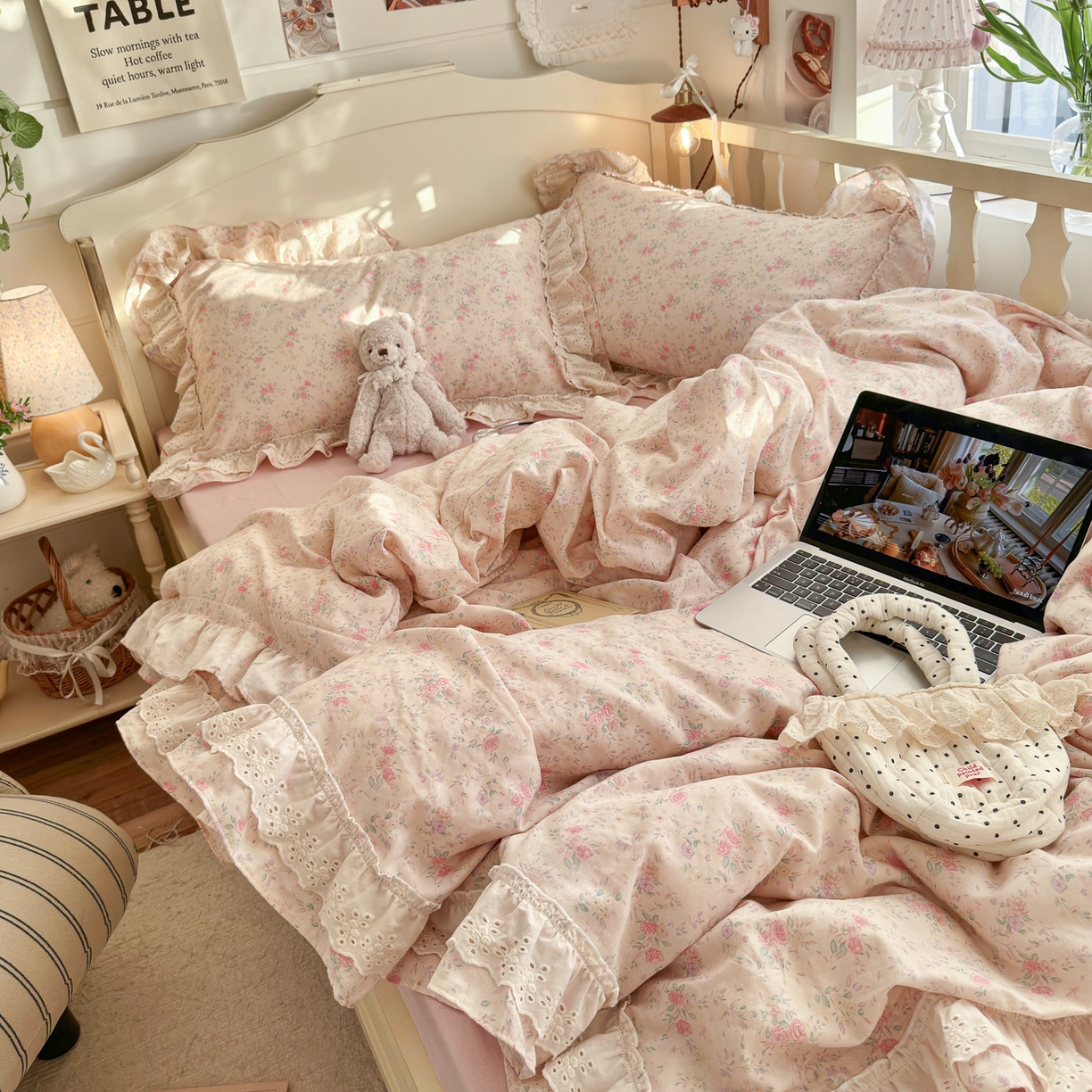 91家纺网 家纺一手货源 找家纺 锦彩家居 2026新款A类全棉纯棉法式花边款小碎花双层纱四件套-蔷薇公主（提供买家秀） 落花浮梦