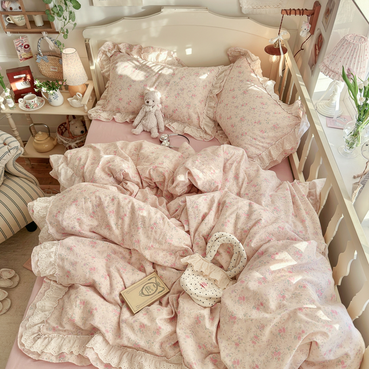 91家纺网 家纺一手货源 找家纺 锦彩家居 2026新款A类全棉纯棉法式花边款小碎花双层纱四件套-蔷薇公主（提供买家秀） 落花浮梦