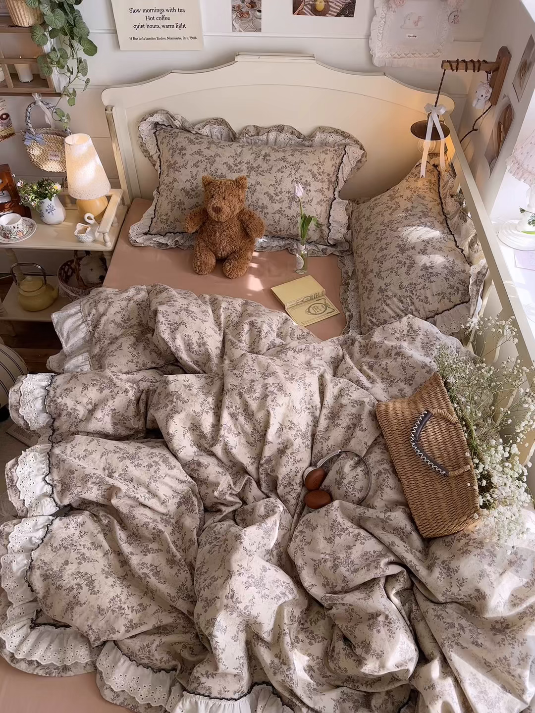 91家纺网 家纺一手货源 找家纺 （总）锦彩家居 2026新款A类全棉纯棉法式花边款小碎花双层纱四件套-蔷薇公主（提供买家秀）