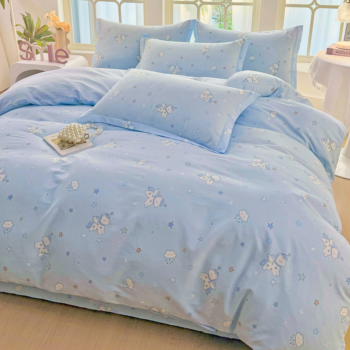 91家纺网 家纺一手货源 找家纺 安逸家纺 2026新款12868 全棉纯棉床单四件套学生宿舍纯棉床单款三件套 星星独角兽