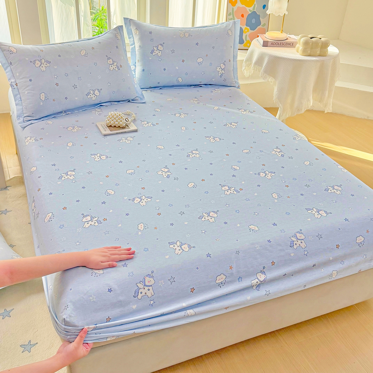 91家纺网 家纺一手货源 找家纺 安逸家纺 2026新款12868 全棉纯棉床单四件套学生宿舍纯棉床单款三件套 星星独角兽