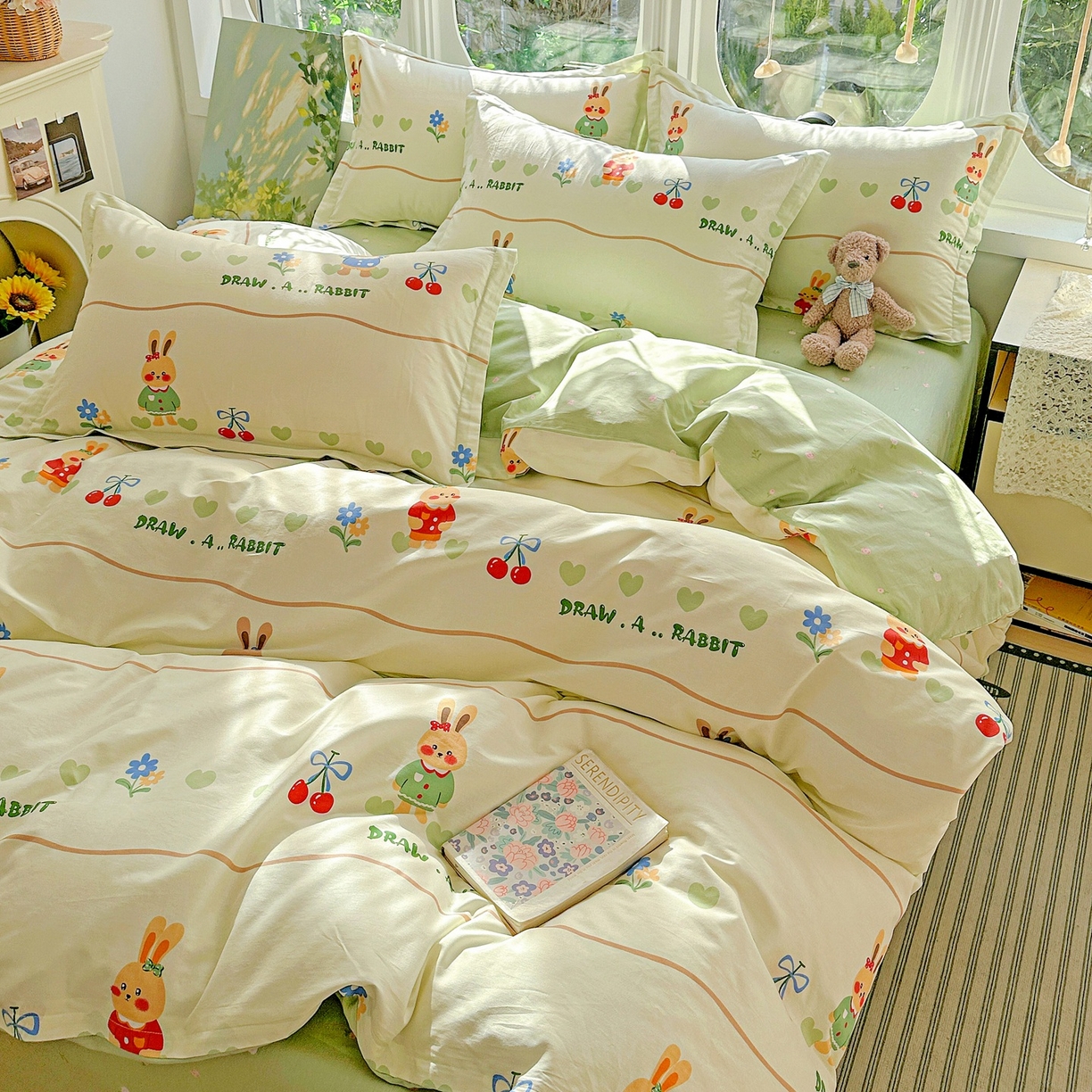 91家纺网 家纺一手货源 找家纺 恩泽家纺 2026春夏新款全棉纯棉12868印花四件套（提供买家秀，预留缩水率） 樱桃兔