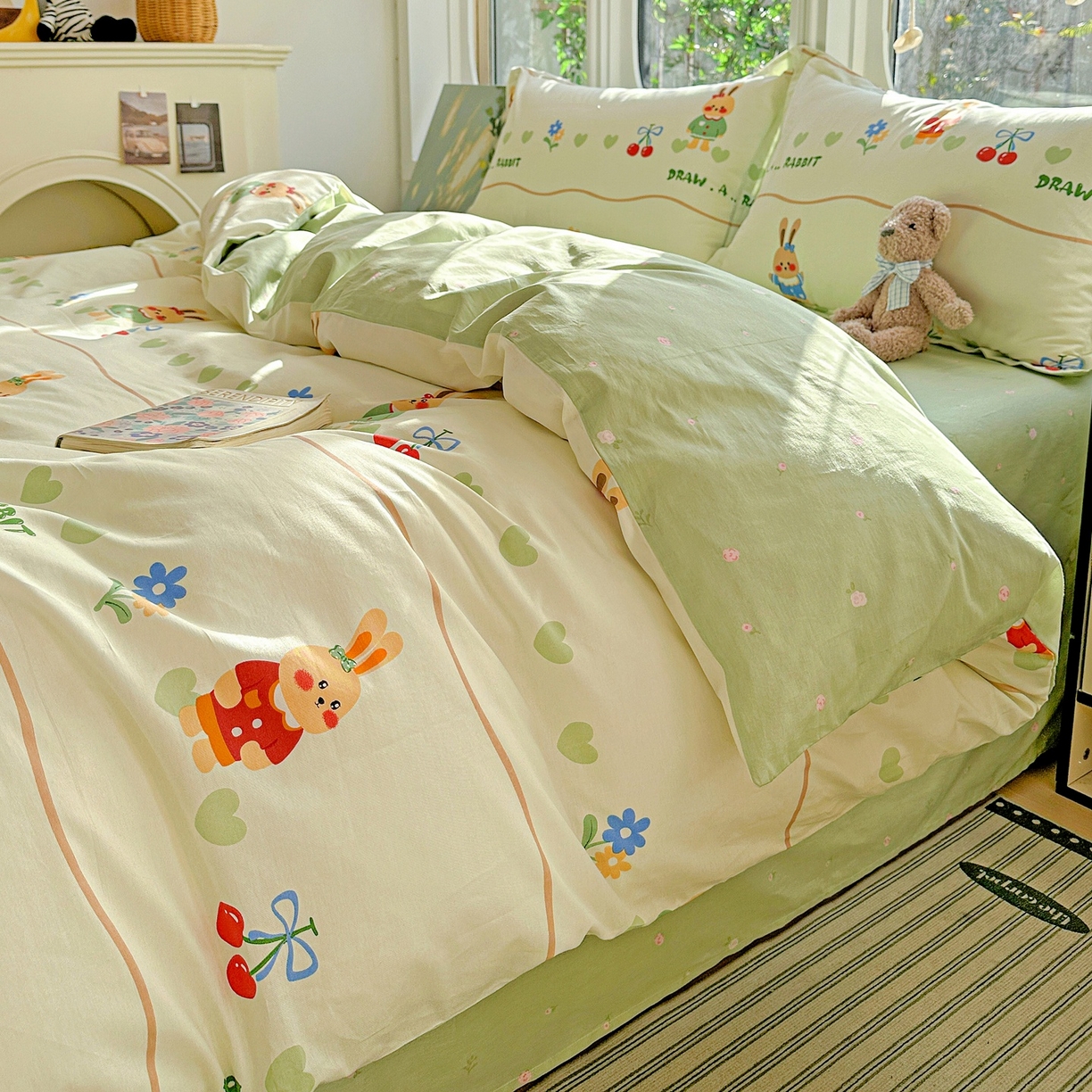 91家纺网 家纺一手货源 找家纺 恩泽家纺 2026春夏新款全棉纯棉12868印花四件套（提供买家秀，预留缩水率） 樱桃兔